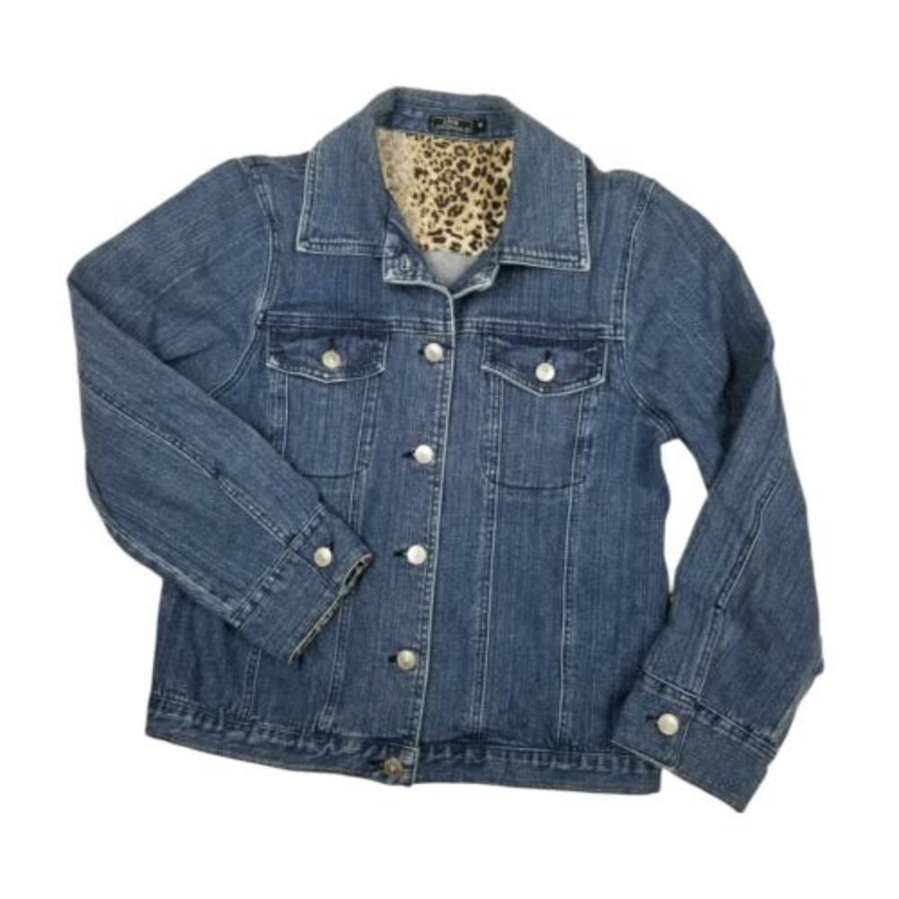 Lisa International Womens Small Denim Stretch Jacket Blue Jean Leopard Flip Cuff - Picture 2 of 12